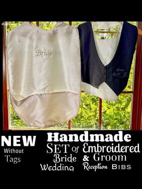 ▪️NWOT▪️HANDMADE▪️Set of Embroidered BRIDE & GROOM OOAK Wedding Reception Bibs